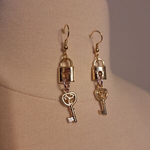 Gold Lock and Key Earrings New